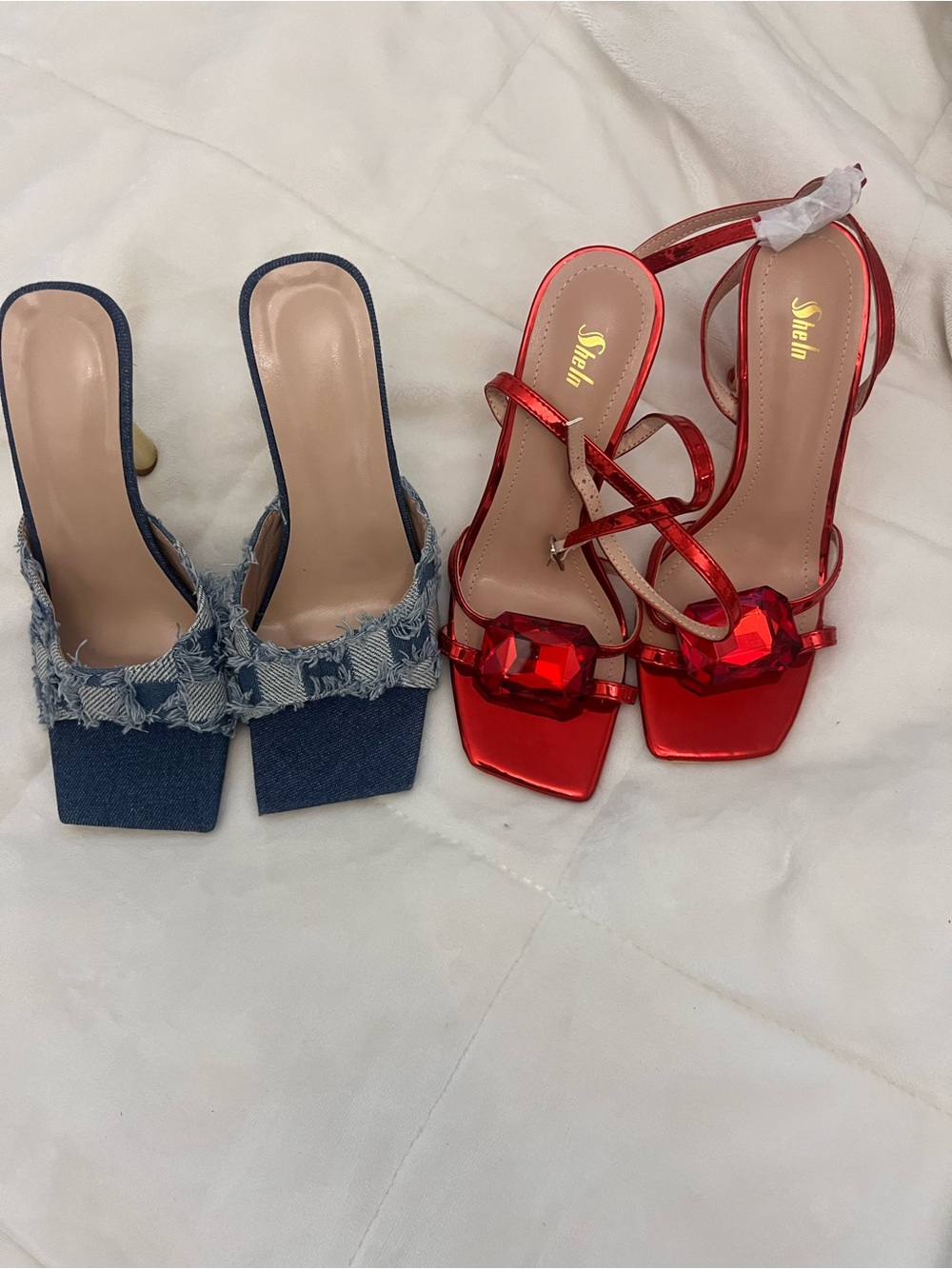 Red Gem-Strap Heeled Sandals / Denim Heel Bundle
